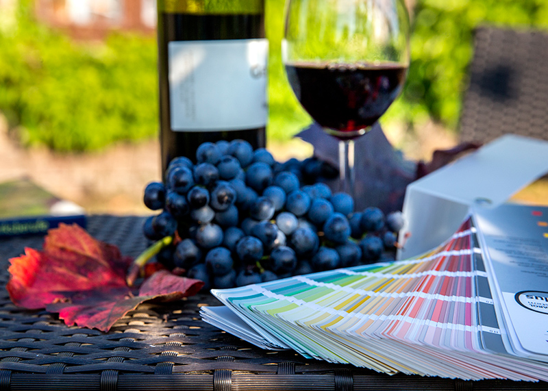 malerei_zinkl_oekologisches-arbeiten Farbfächer, ein rotes Weinblatt, blaue Weintrauben, ein Weinglas mit Rotwein und eine Weinflasche auf einem Tisch
